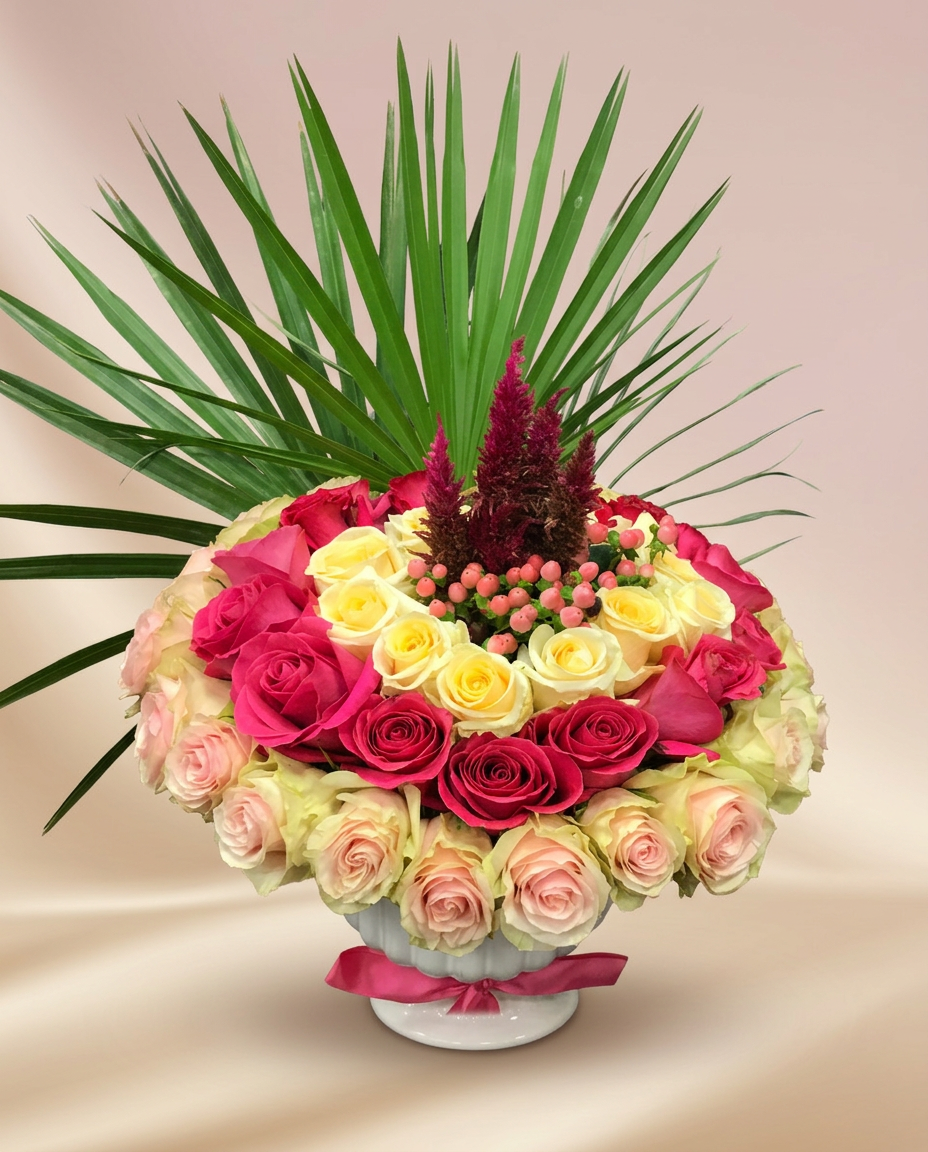 Rose arrangement under a glass dome on a studio backdrop