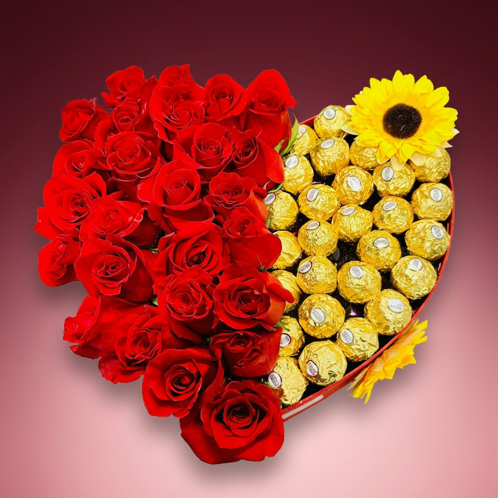 Heart-shaped arrangement of red roses and gold-wrapped chocolates with a sunflower