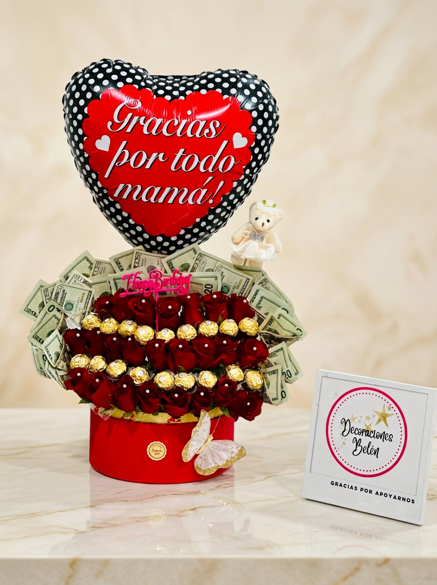 Red gift box with roses and fine chocolates