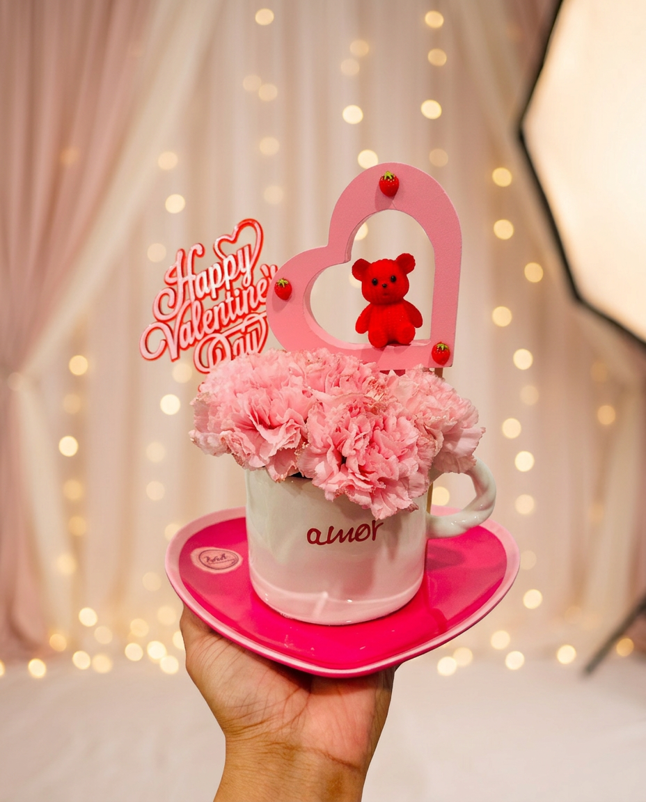 Pink carnations in an amor mug on a heart plate with a small red bear
