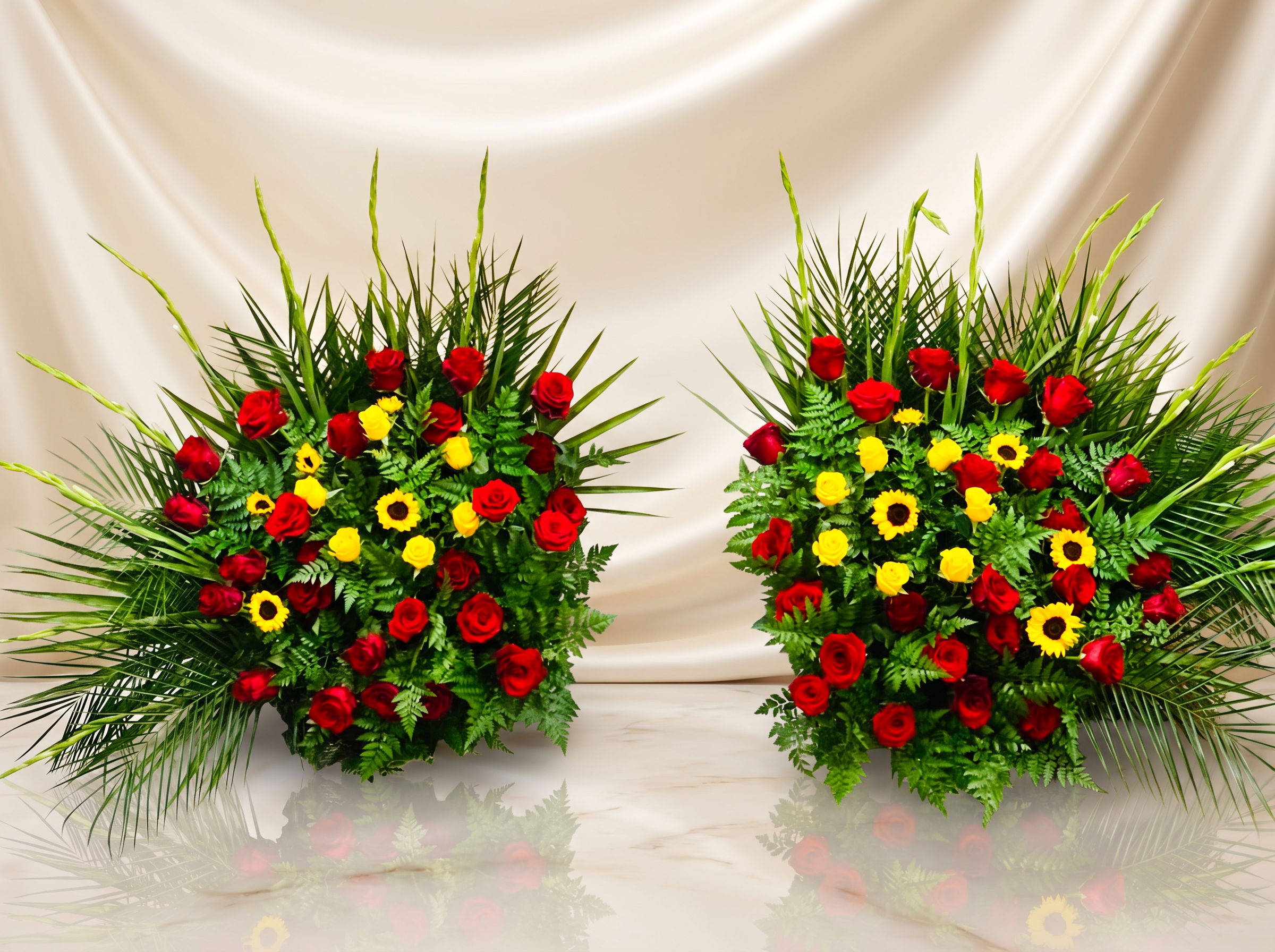 Pair of grand ceremony floral arrangements styled for an elegant event