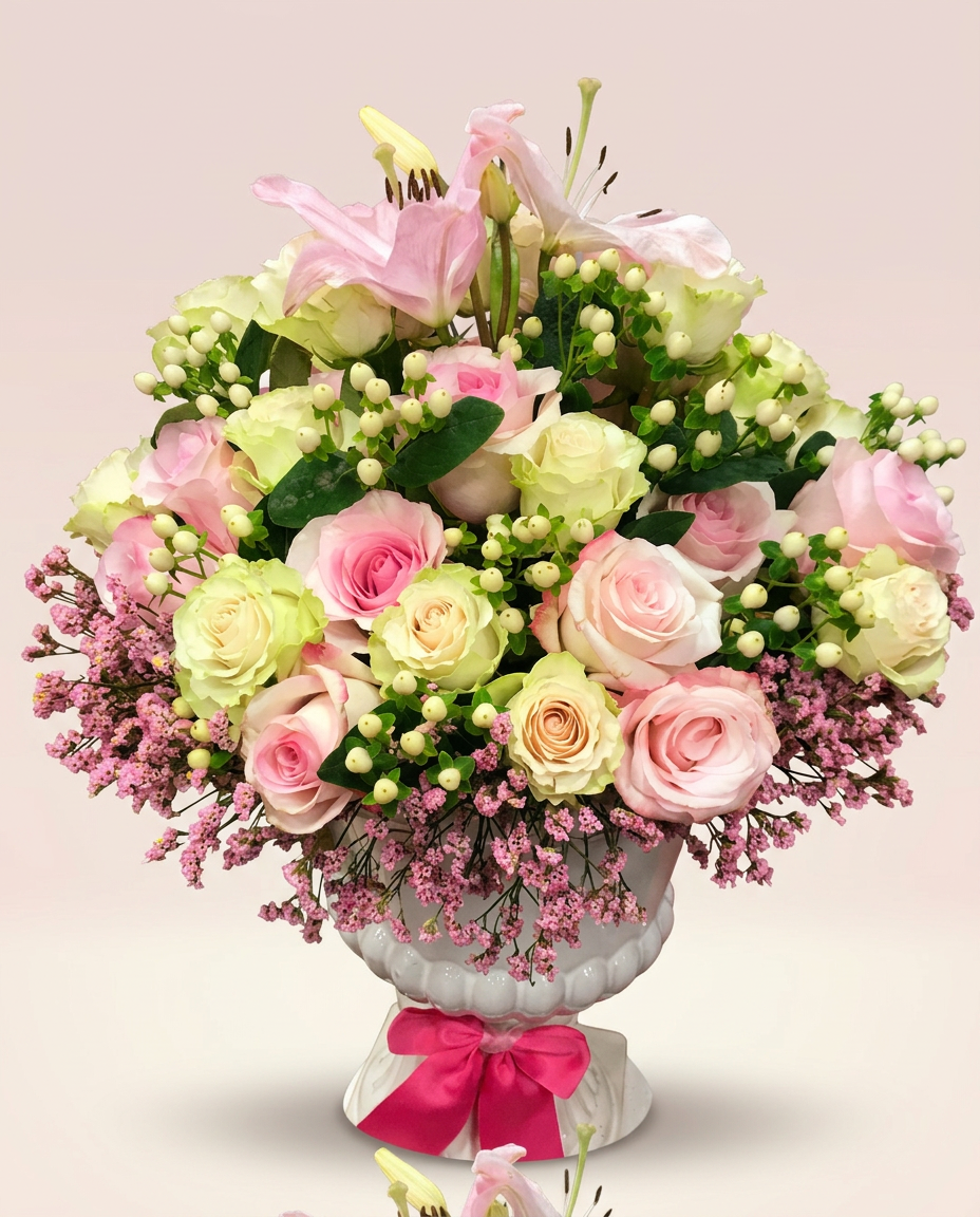 Tall arrangement of pink and cream roses in a white pedestal vase