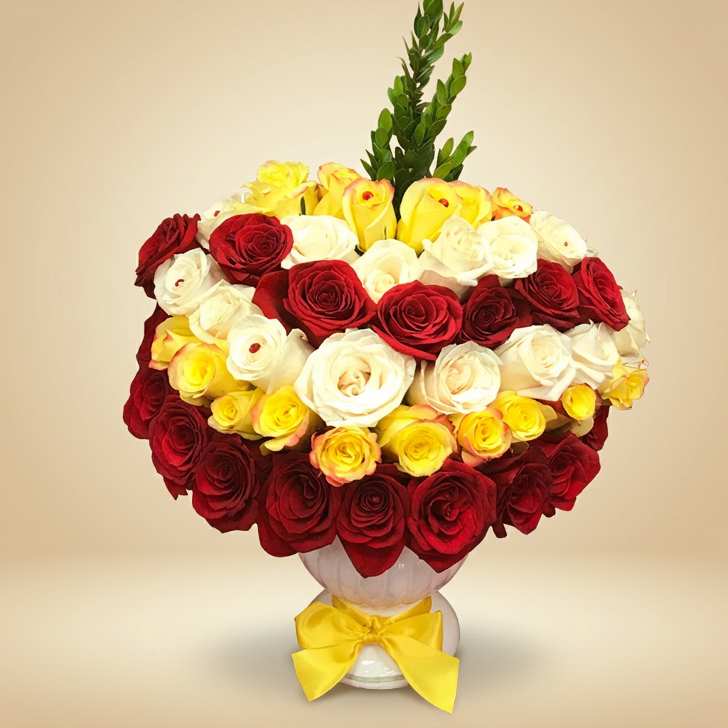 Red, yellow and white rose arrangement in a white urn with a yellow satin bow