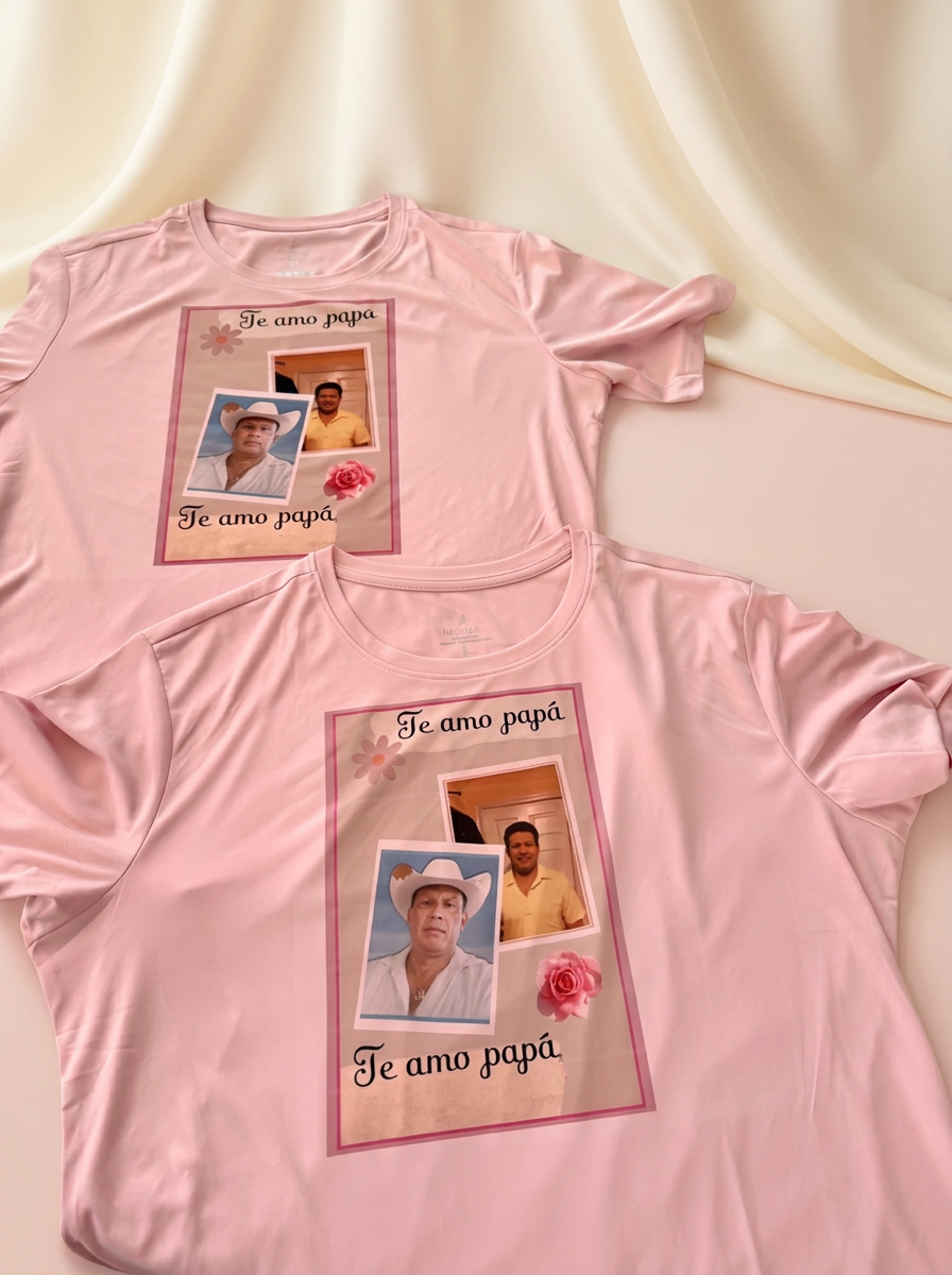 Two pink personalized photo t-shirts with a family message