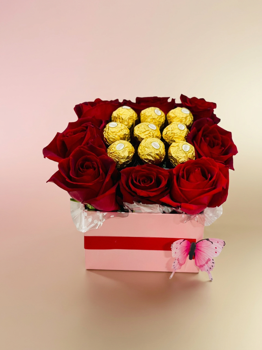 Pink gift box with red roses and gold-wrapped chocolates