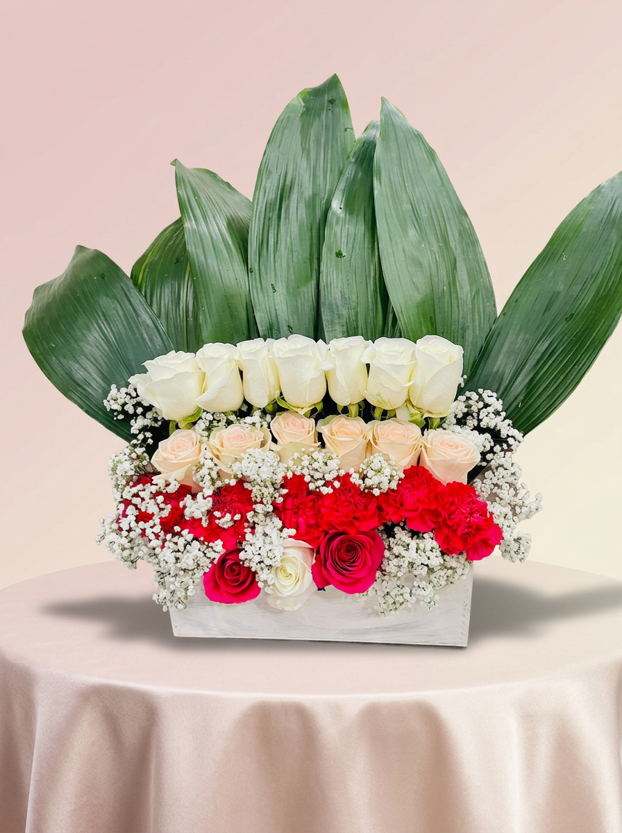 Long low table arrangement with white, peach and red roses in a whitewashed box
