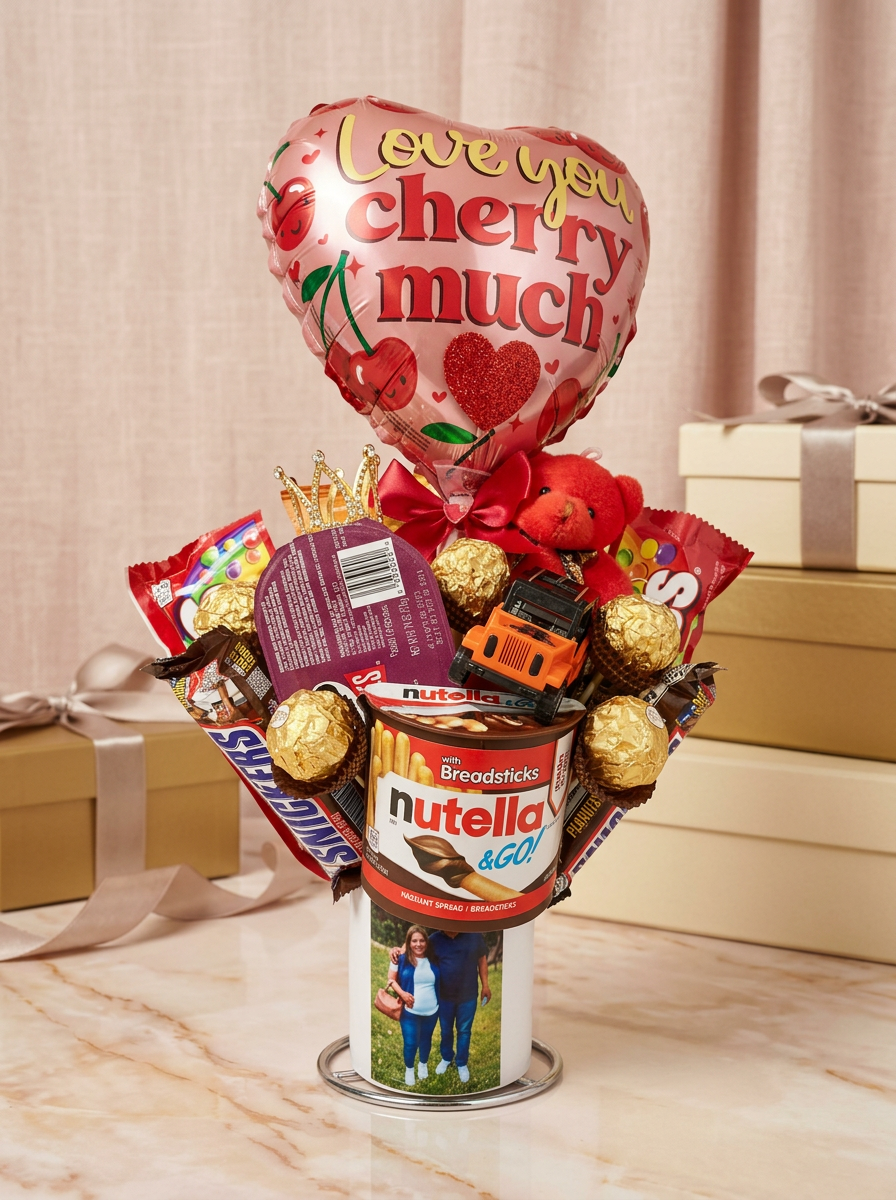 Sweet treats arrangement with chocolates, candy and a Love You Cherry Much balloon