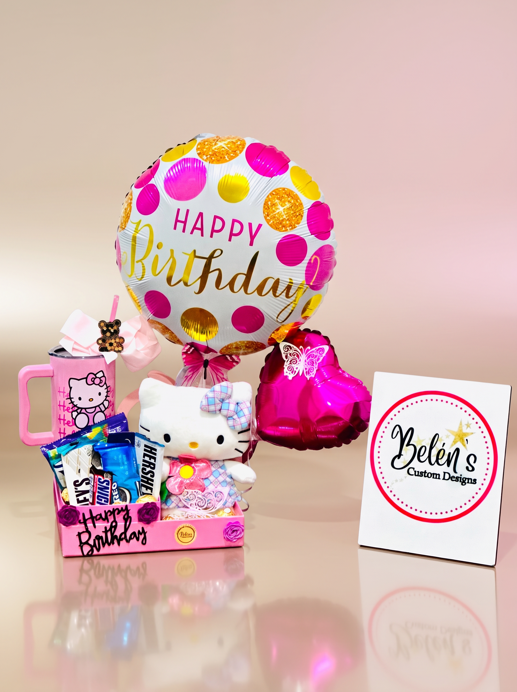 Personalized birthday candy box with plush toy and balloons