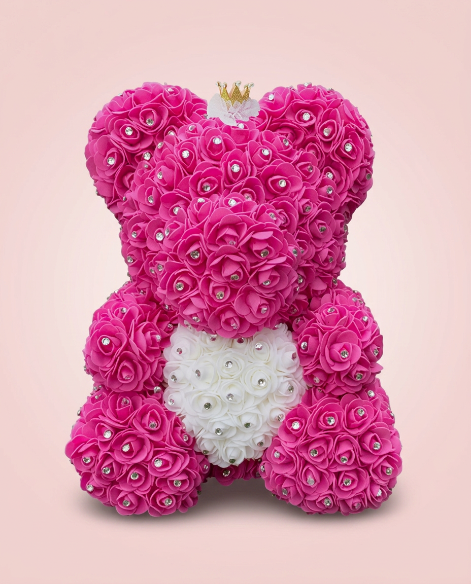 Rose bear made of pink foam roses with a white heart and gold crown