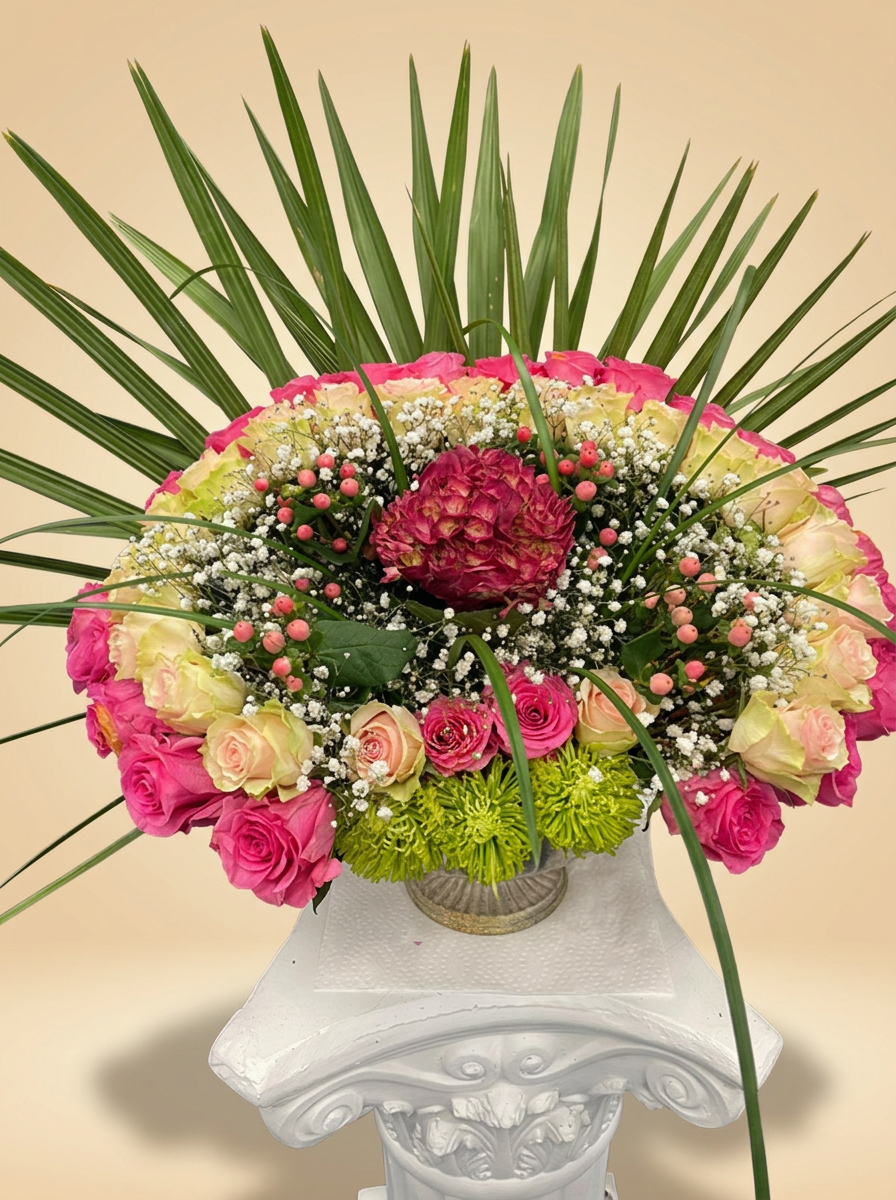 Large ceremony floral arrangement with pink roses and palm leaves on a white column
