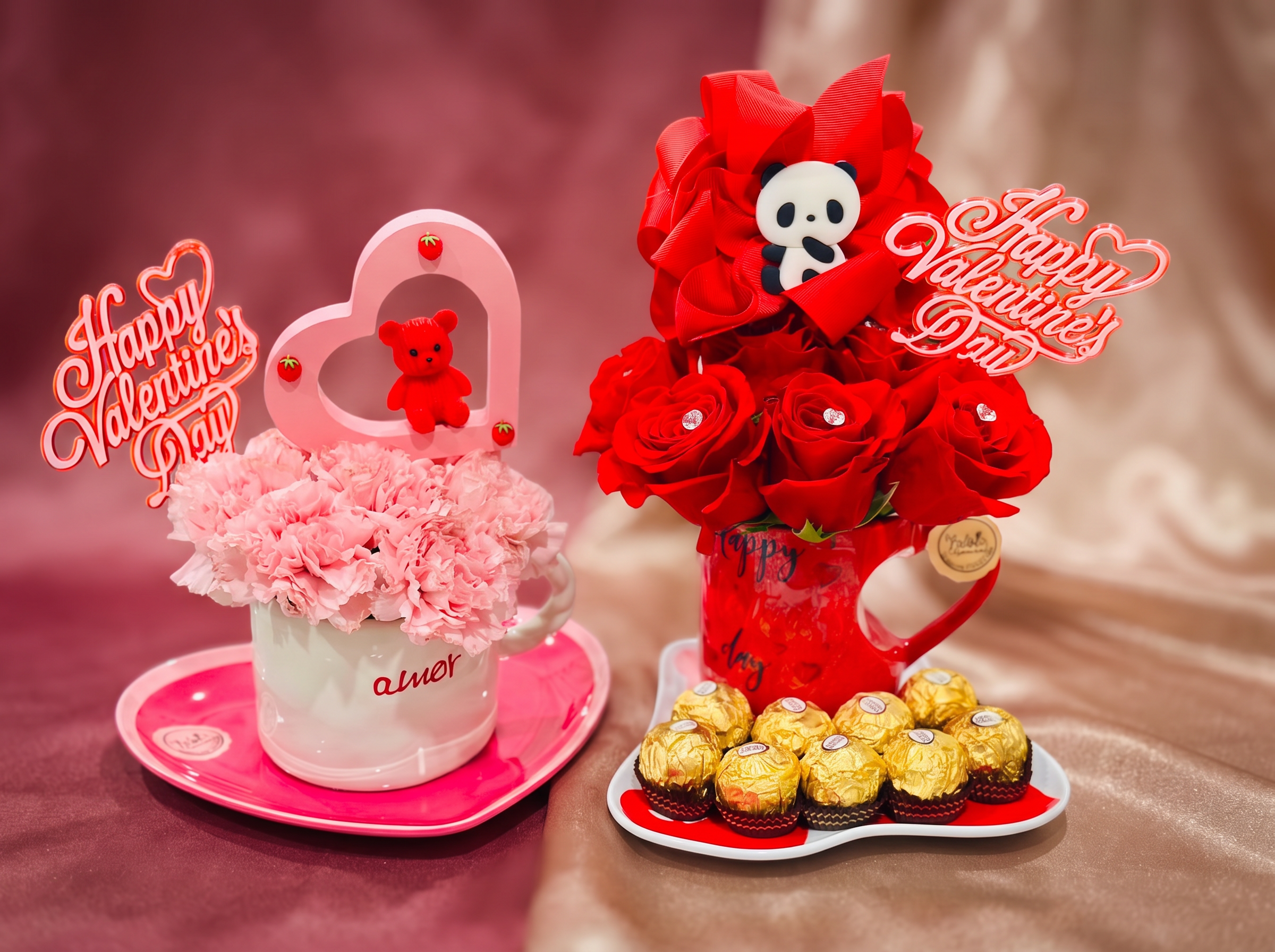 Two personalized Valentine mug arrangements with carnations and roses