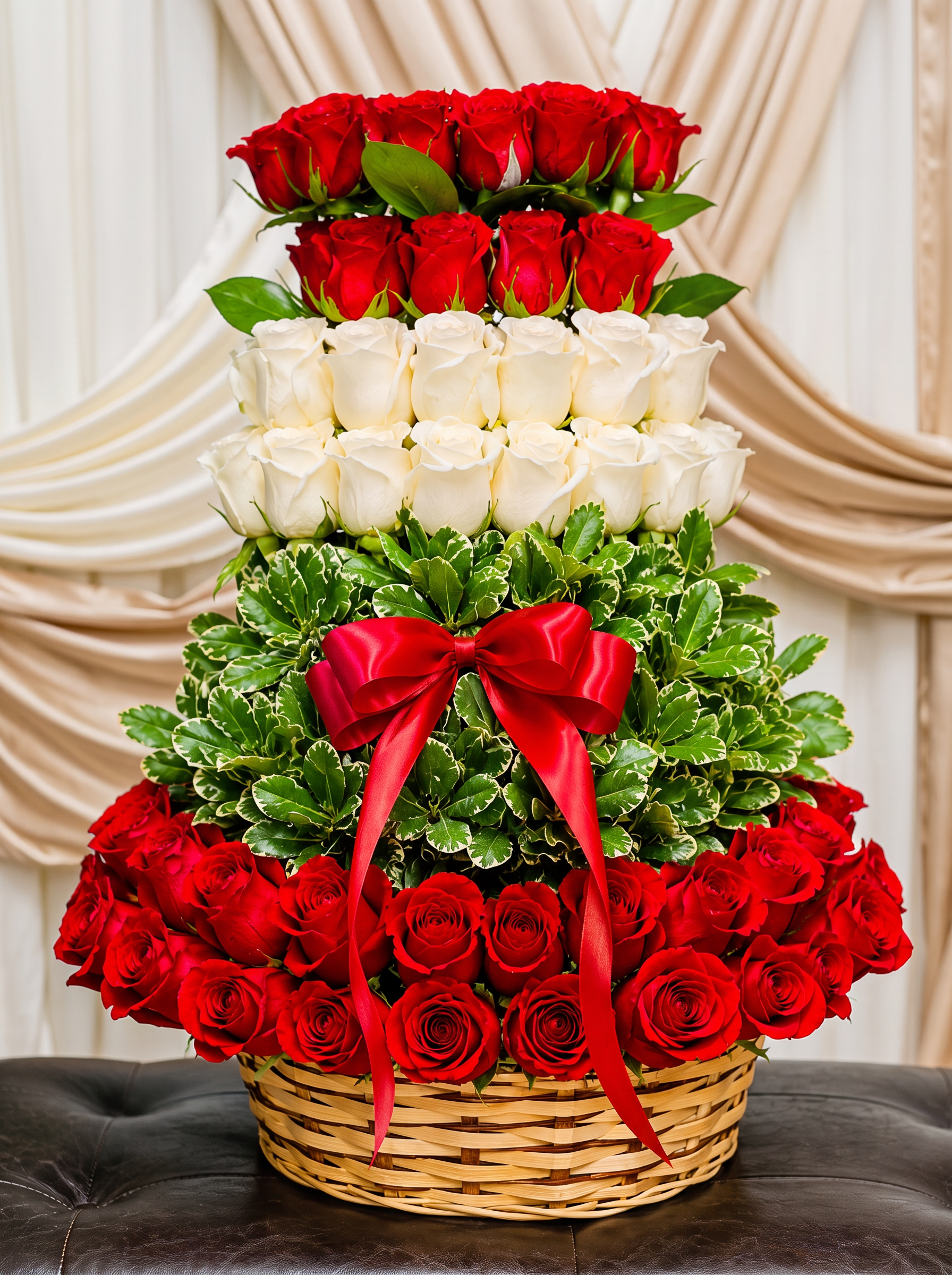 Tiered basket of red and white roses finished with a satin bow