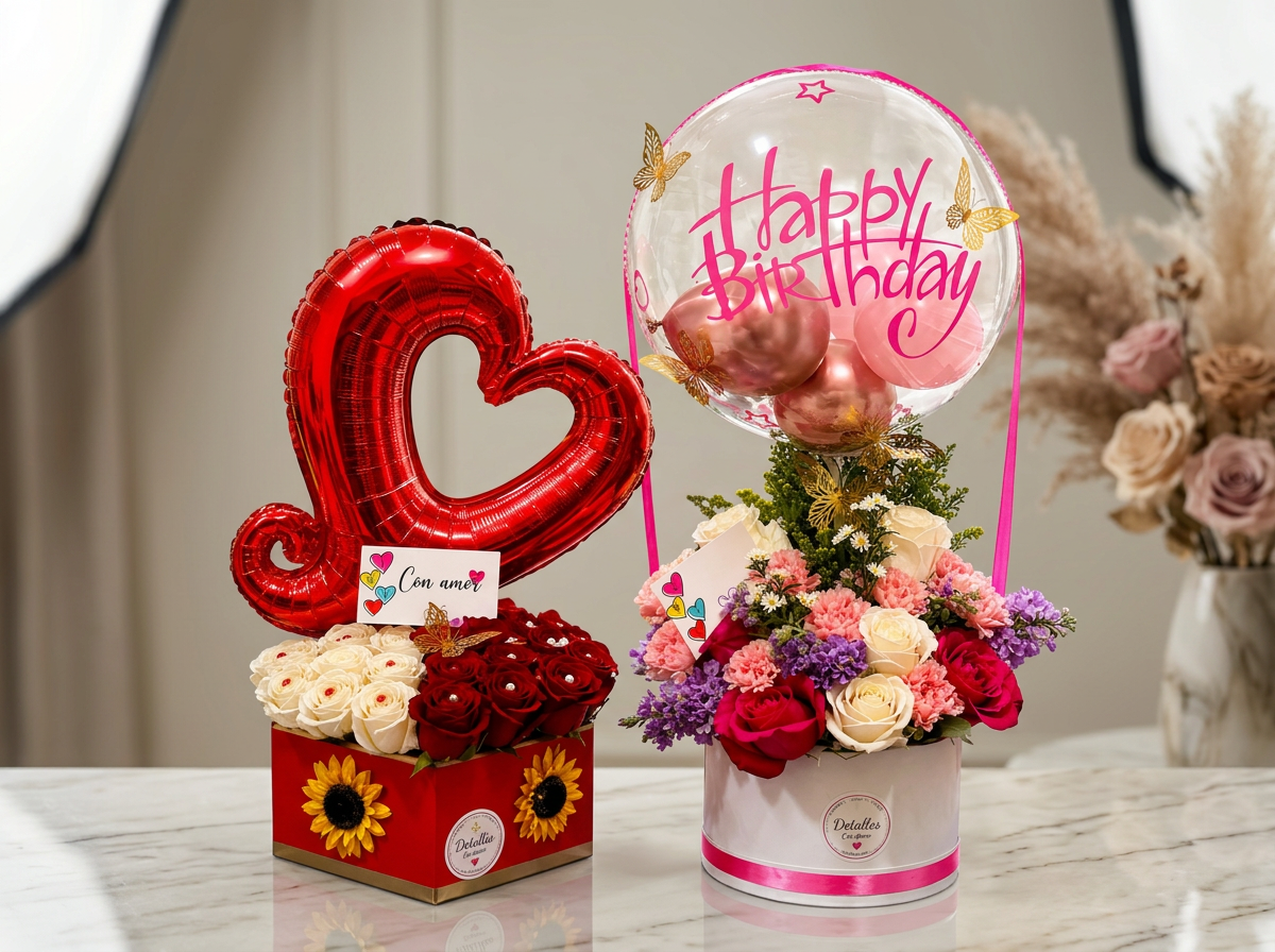 Heart-shaped rose box beside a birthday bloom box